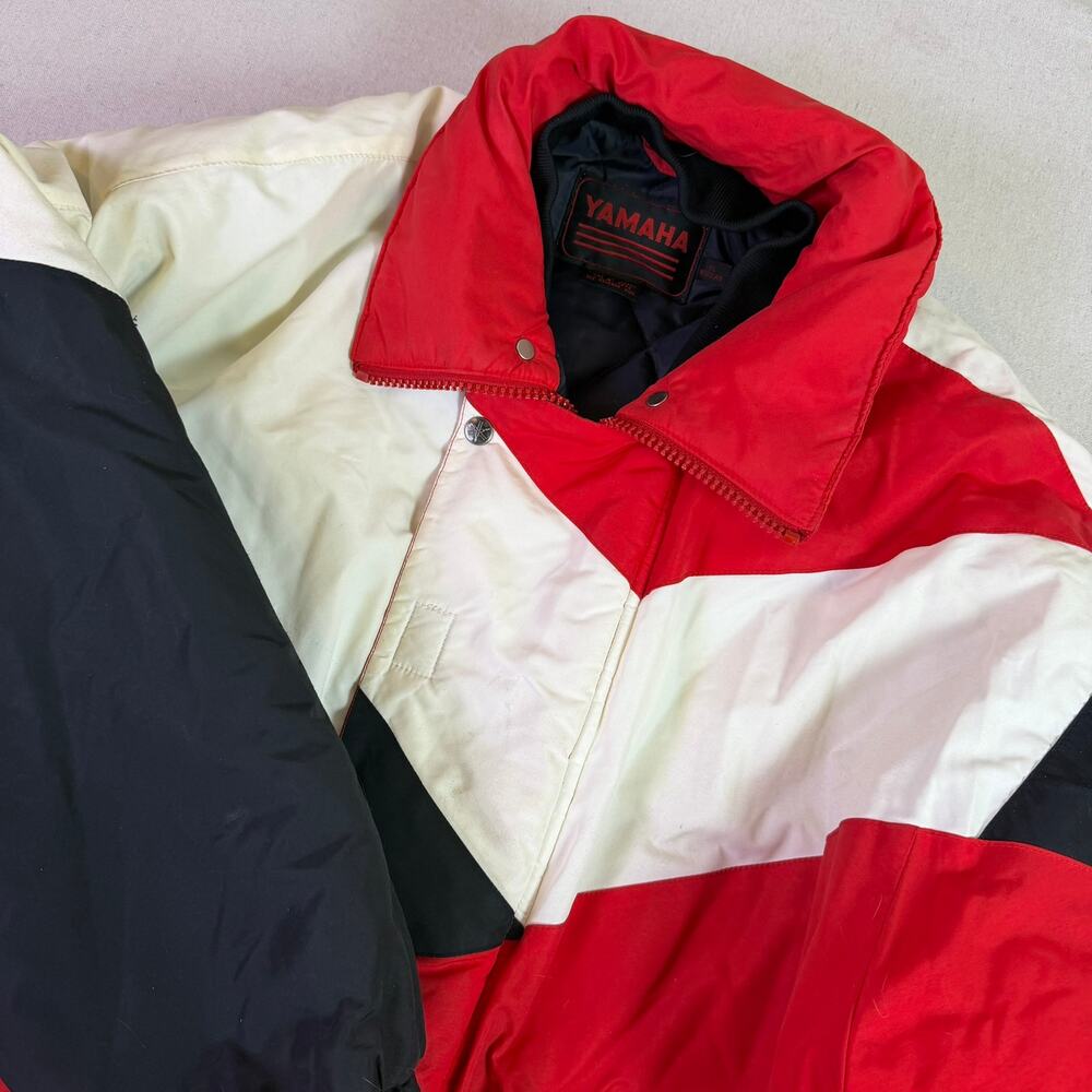 Vintage 80s Yamaha Racing Moto Puffer Jacket Mens XL Retro Colorblock Motorcycle